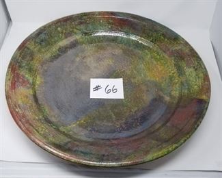 #66 ~($100) Very Large Decorative Ceramic Raku Platter by Mark Wong 2008-  comes with Stand- 23" diam.   