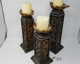 #68 ~($30) Set of 3 Resin Candle Holders  with leaf pattern- Tallest being 16" tall