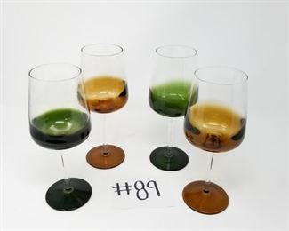 #89 ~ ($25) Set of 4 wine goblets- 2 in green and 2 amber color- 