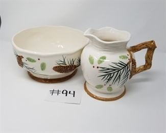 #94~ ($15)  Set of 2 pine cone ceramic, pitcher and bowl