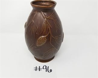 #96 ~($15)  Pretty Brown Pottery with pine cone motif- 10" tall