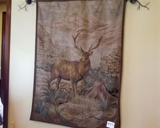 #97 ~($150) Beautiful Elk Hanging Tapestry with pine cone iron rod- 52" x 71".  Lined.  Lovely quality, comes with twig/pine cone hardware.