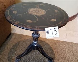 #75 ~ ($90) Pretty pedestal end table, hand painted in black with muted gold floral motif -**shows peeling to leg base, see photo of close up**