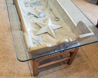#77 ~($500)  Another view of  Horse Trough Coffee Table- Interior holds iron accessories. Thick Glass top