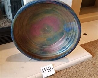 #86 ~($80) Decorative Large and Heavy Painted Pottery Bowl /deep platter. - 19.5 " diam.  Comes with stand.  