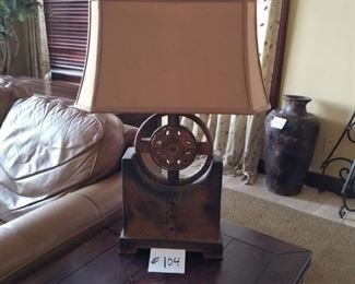 #104 ~ metal lamp.  Rustic aged look.  Metal/tin. 31"h x  19"w (shade) 