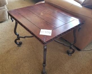  #106 ~($20)  Rustic End table, heavy iron legs and wood top *Top shows wear* 28" x 24" x 22"h