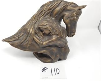 #110 ($60) Statue of girl and her horse, 10" tall, solid metal (bronze)?  by "Montana Lifestyles".  Heavy