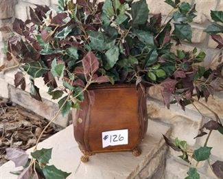 #126 ($25) ~ Greenery in tin planter with leather vertical straps on sides. 11" tall not including greenery.