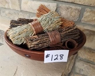#128 ~($25)  Dried floral bunches in large wooden bowl.  Bowl has a 15" diameter.