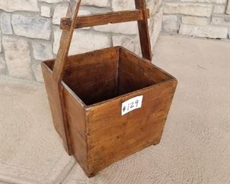#129 ~($40)  Large rustic wood box with sturdy handle for carrying.  14" x 14" x 12"high (box alone, not including arms and handle.