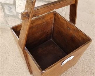 #129 ~($40) Large rustic wood box with sturdy handle for carrying.  14" x 14" x 12"high (box alone, not including arms and handle.