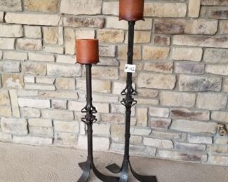 #142~($40)  TALL and heavy! wrought iron candle holders. The tall one is 4ft high not including the candle.  Very substantial and stable, will not tip easily!  Set of 2.