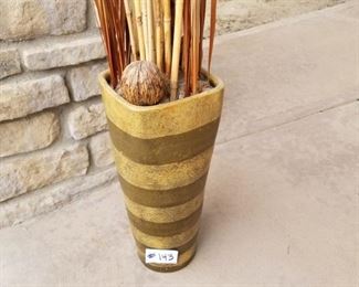 #143 ~($60)   Bamboo decor.  Striped vase is heavy! Painted plaster? Filled with bamboo shoots.  With bamboo this measures 54" high. 