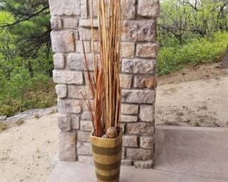 #143 ~($60)   Bamboo decor.  Striped vase is heavy! Painted plaster? Filled with bamboo shoots.  With bamboo this measures 54" high. 