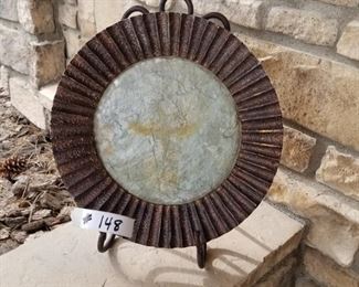 #148 ~($40)  Heavy round decorative platter painted to look aged. Comes with iron/metal stand.  15" diam.