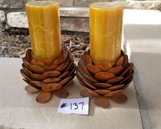 #137 ~($30)  Set of 2 metal pine cone candle holders with new candles.  These are very heavy and substantial.  Rustic look metal.  each is 10# tall including candle.