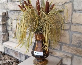 #149~($15) Tall tin vase with dried cat tails.  Vase is 14" tall without floral.