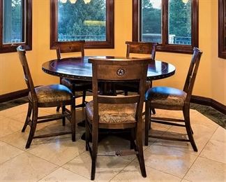 #263 ~($400)  Large round pedestal mahogany table with 6 chairs. (one not in photo).  5ft diameter pedestal table. Good condition! 6 chairs are solid wood with real leather seat cushions, all in very good condition!  6 chairs separate are $250 for the set. Table alone is $150.