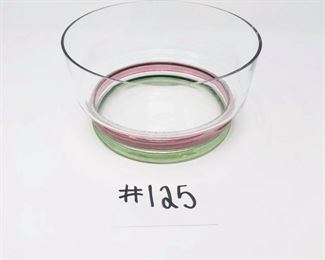 #125 ($10) Glass bowl with pretty pink and green stripes at the base.  9" diameter