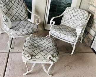 #132 ~ $200- Patio Set includes, 2 cream colored  wrought iron armchairs w/ patterned  cushions, 1 matching ottoman- Great condition, cushions may need cleaning,  heavy!