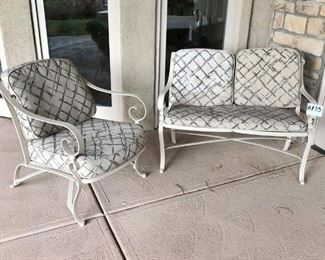 #135 ~ $200- Patio Set includes, 1 cream colored  wrought iron armchair w/ patterned  cushions, 1 matching two-seater bench- Great condition, cushions may need cleaning,  heavy!
