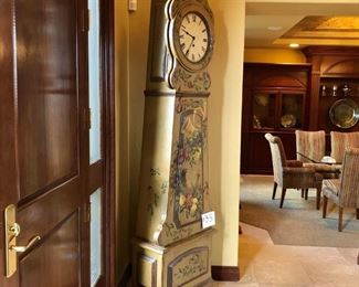 #55 ~($500) Side view of Hand painted Birds and Vines Motif  Lars Clock by Woodland Furniture- 8 Feet Tall-