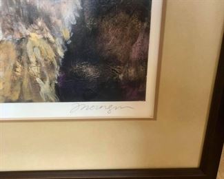 #117 ($100) 27" x 32".  Signed by unknown artist, not sure of the medium, watercolor?  Wolf howling