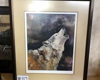 #117 ($100) 27" x 32".  Signed by unknown artist, not sure of the medium, watercolor?  Wolf howling