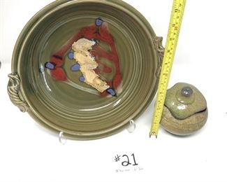 #21 ~($30) 2pc Ceramic Set, 13” dia. Green Bowl and 6” Green jar w/lid 