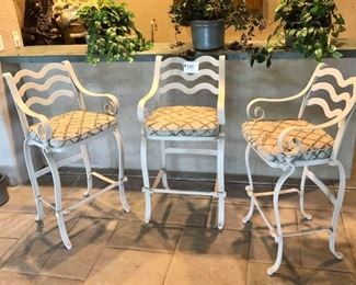  #141 ~ $200- Bar Stool Set includes, 3 cream colored  wrought iron armchair w/ patterned  cushions.-  Great condition, cushions may need cleaning,  heavy!
