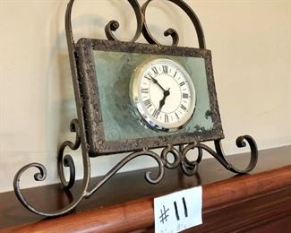 #11 ~($60)  Glass and iron table clock (battery) 7"w x 8"tall