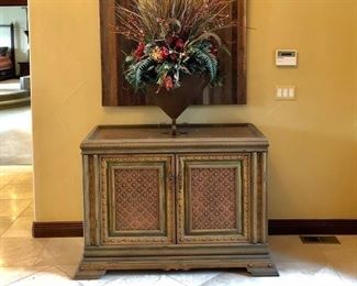 #54 ~ ($500) Beautiful Console, wood with brass tone embellishments. 49"w x 22"d x 36"h .  Open to large cabinet space.  