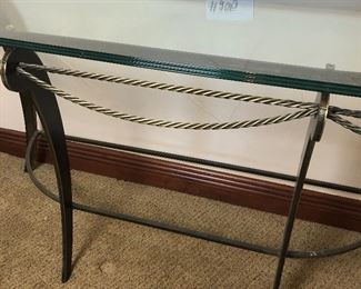 #205 ($200) HEAVY hall/console table with glass top (removable) and metal/brass base. Rope theme.  59"W x 20"D x 30"tall.