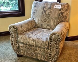 #233 ~ ($75) Tapestry armchair, good condition! No rips or stains seen.  38"W x 33"D.  Gray/beige tone.