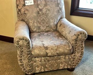 #232 ~ ($75) Tapestry armchair, good condition! No rips or stains seen.  38"W x 33"D.  Gray/beige tone.