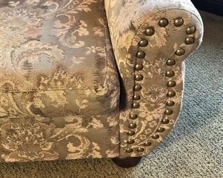 #232 ~ ($75) Tapestry armchair, good condition! No rips or stains seen.  38"W x 33"D.  Gray/beige tone.