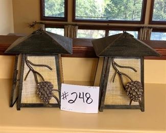 #248 ~ ($30) set of 2 decorative lanterns with pine cone, metal and glass. 6" x 6" x 8" tall
