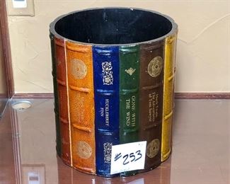 #253 ~ ($15) Wastebasket made of faux famous novels. 10" diameter x 11"H