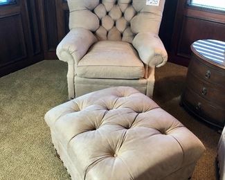 #255 ($250) Set of 2 club chairs and one ottoman.  Genuine suede leather in a rich beige tone.  Needs spot cleaning.  Chairs measure 38"W x 40"D x 38"tall.  Ottoman 30" x 33" x 18"H.  Brass studded accents.  Very well made chairs.