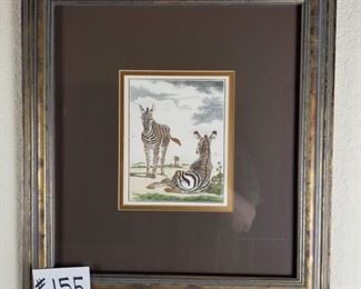 #155 ($15)~ Cute wall art, two zebras 17" x 18".  matted and framed. 