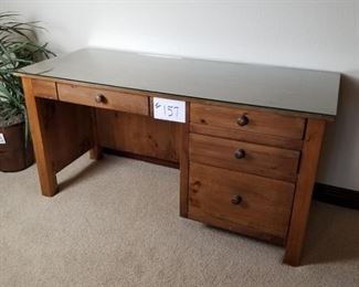 #157 ~ ($60) Solid Pine Desk with protective glass top.  Good condition ~ 60" x 25" x 29.5" high.  