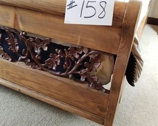 #158 ~ ($500)  Gorgeous queen pine bed frame with mattress  and box spring.  The scroll work is wrought iron leaves and vines. Great condition!