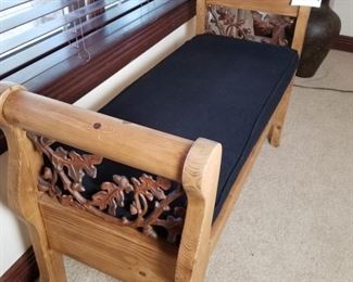 #162~($150) Solid pine wood bench with optional black cushion.  Great condition! Wrought iron leaf scroll accents.  Measures 48"W x 19"D x 19"seat height. 