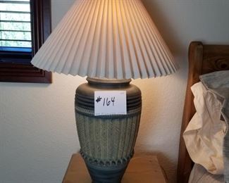 #164 ~($40) Heavy ceramic lamp in green/gray tone.  29" high incl. shade.  10" diameter at the widest.