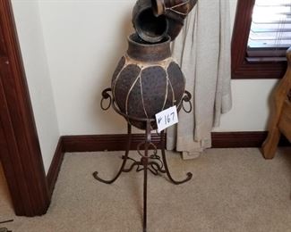 #167 ~($175) Fun and unique fountain! Heavy! 2 smaller pots pouring into one large one.  Comes with pump and wrought iron stand. 44" tall x 18"W 