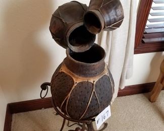 #167 ~($175) Fun and unique fountain! Heavy! 2 smaller pots pouring into one large one.  Comes with pump and wrought iron stand. 44" tall x 18"W 