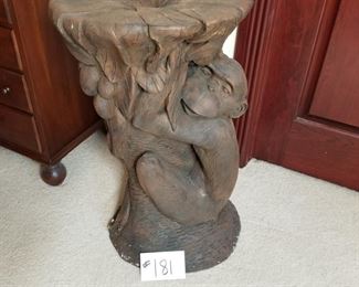 #181 ($100) ~ A unique and heavy plant stand.  Features a chimpanzee clinging to a tree.  This is resin I believe and very heavy.  Shows some wear at the bottom.  Measures 18" diameter at the top x 29" high.  