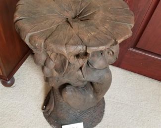 #181 ~($100) A unique and heavy plant stand.  Features a chimpanzee clinging to a tree.  This is resin I believe and very heavy.  Shows some wear at the bottom.  Measures 18" diameter at the top x 29" high.  
