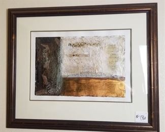 #186 ($100)~ Large abstract art. signed by an unknown artist.  Foils and other textured mediums used.  Measures 40"W x 33" H